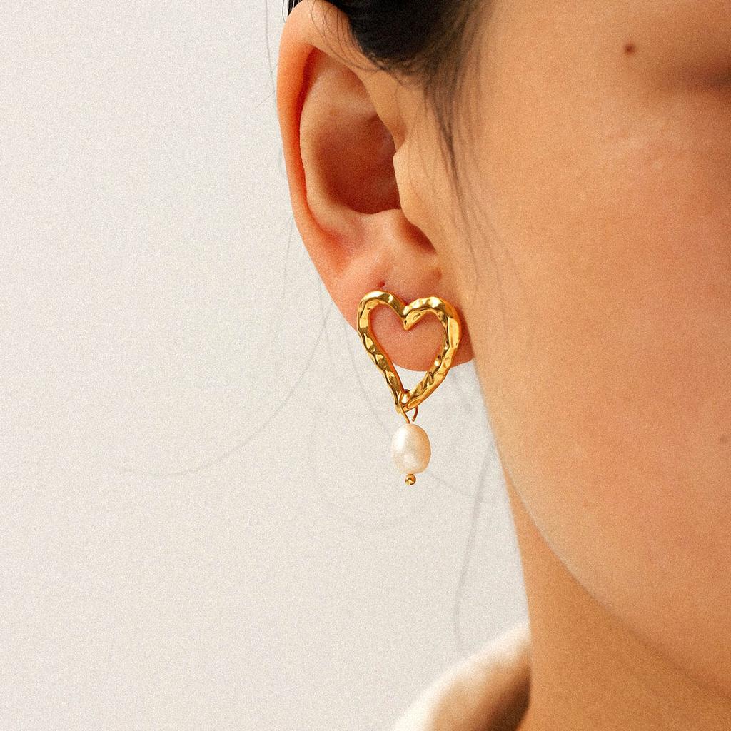 Hammered Texture Heart Earrings with Pearl Drops Titanium Steel Elegant and Versatile Ear Accessories