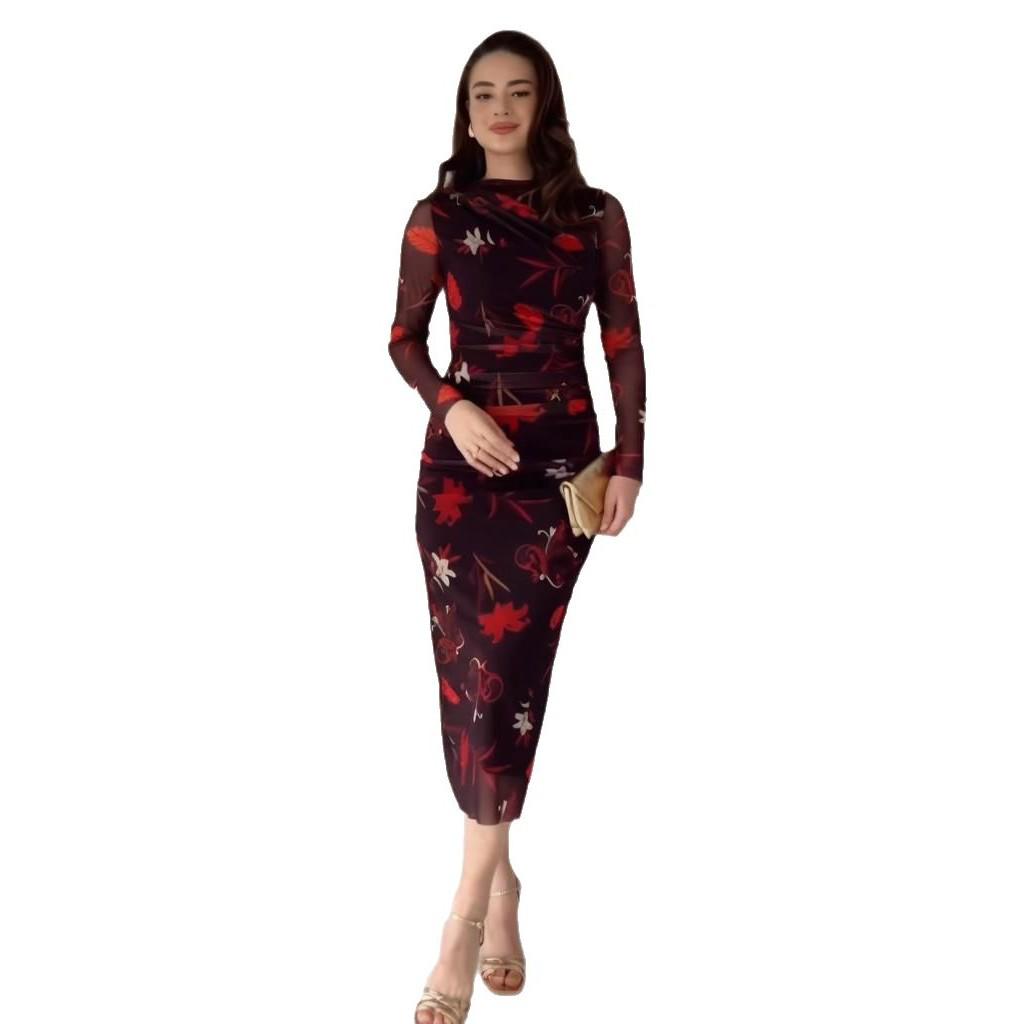 2025 Summer European & American Cross-border Round Neck Long Sleeve Printed Women's Waist-Cinched Mid-length Fashion Dress