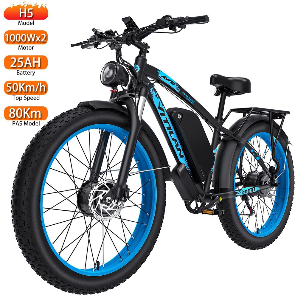 Elektrofahrrad für Erwachsene Vitilan H5 1000W x2 Motor LCD-Display 52V 25AH Shimano 7-Gang All-Terrain E-Bike Maximale Zuladung 150kg Blau