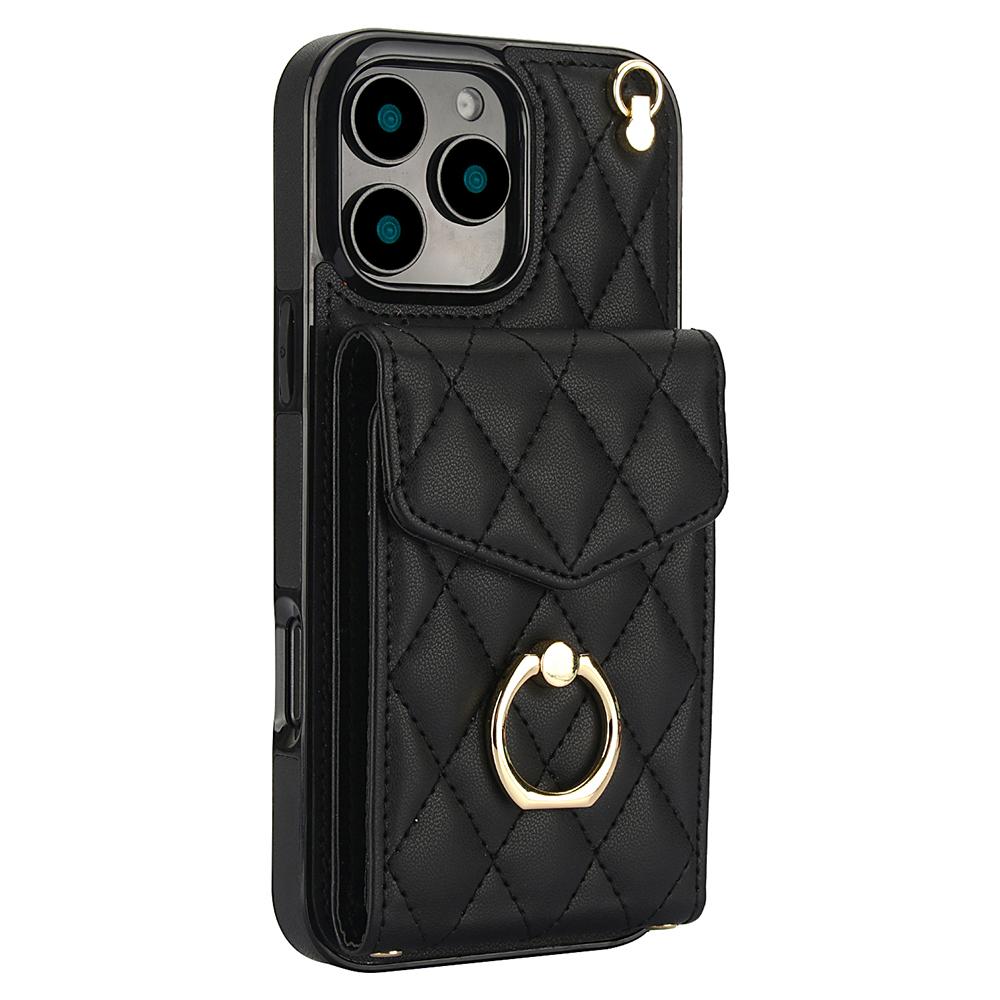 For iPhone 16 Pro Case Card Bag Leather+TPU Crossbody Phone Cover with Ring Kickstand