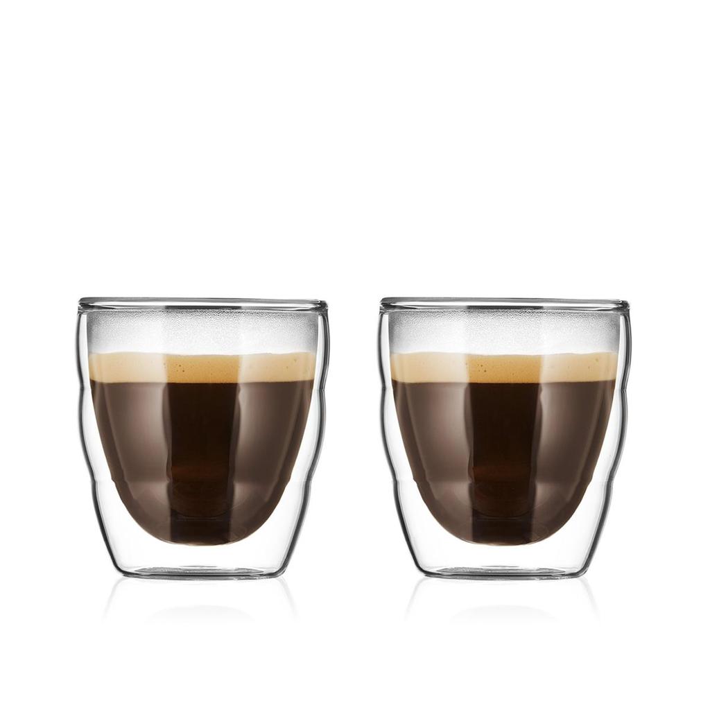 BODUM Glass Cup Tumbler PILATUS Double Wall Glass 80ml Set of 2 Heat and Cold Retention Double Structure Heat Resistant Glass Microwave Safe Oven Safe