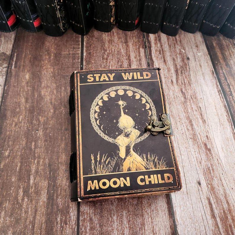 Stay Wild Moon Child Printed Leather Journal, Leather dairy, Wedding gift, Deckle page leather sketchbook, Dream Journal, Personalized Gift.