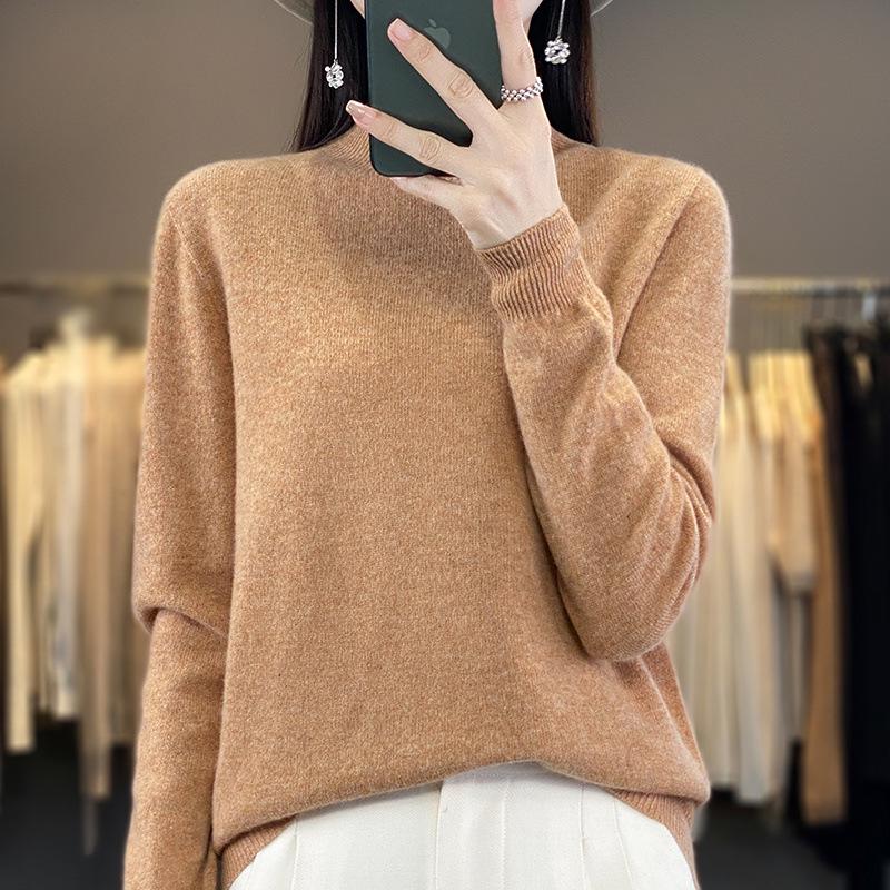 Women's Pure Wool Half-High Neck Sweater - Loose Fit Knitwear for Autumn and Winter