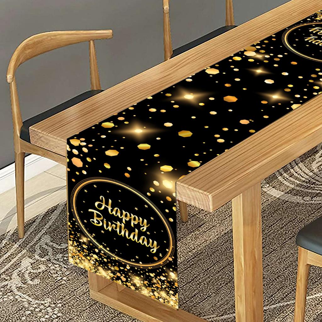 Happy Birthday Table Runner Birthday Party Decorations Black Gold Balloon Print Table Cover for Kids Adults Bithday Table Decor
