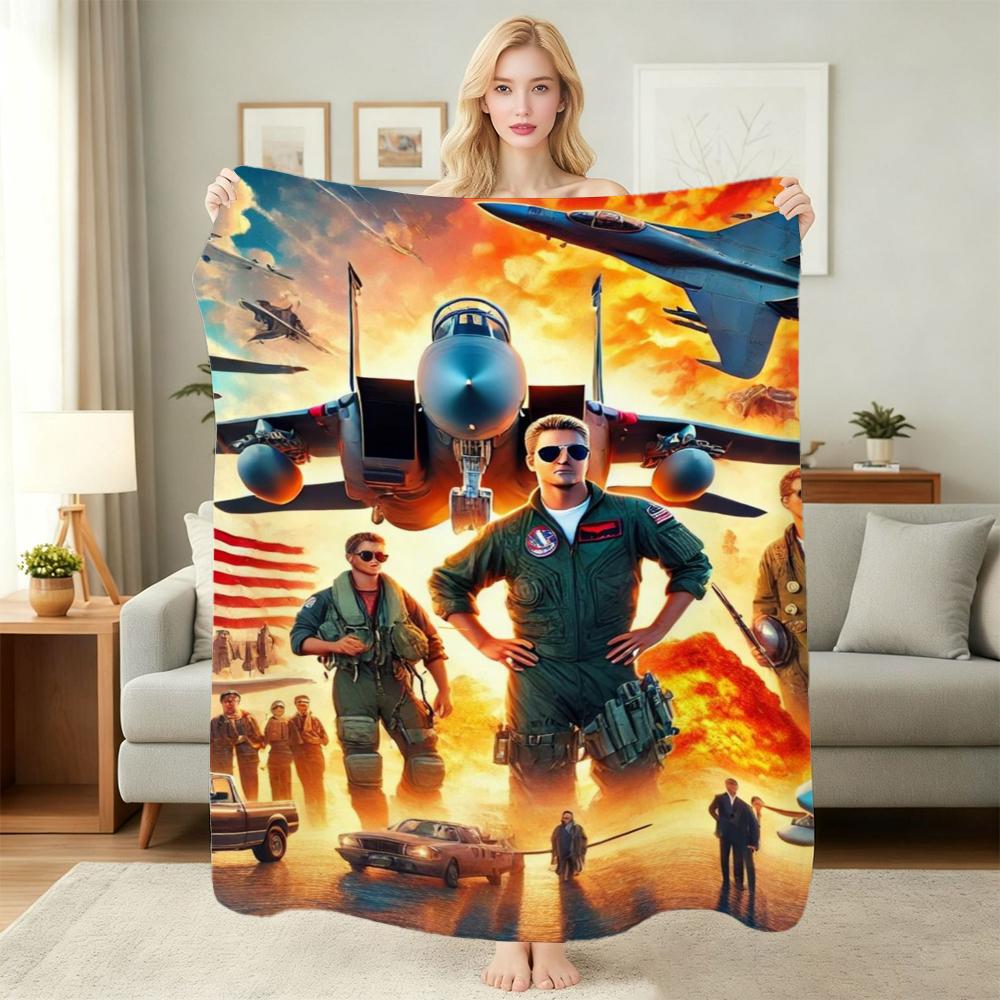 Top Gun Style Fighter Jet Pilot Poster Pattern Theme Flannel Blanket Skinfriendly Warm Throw Blanket For Living Room Office Nap Home Party Decor