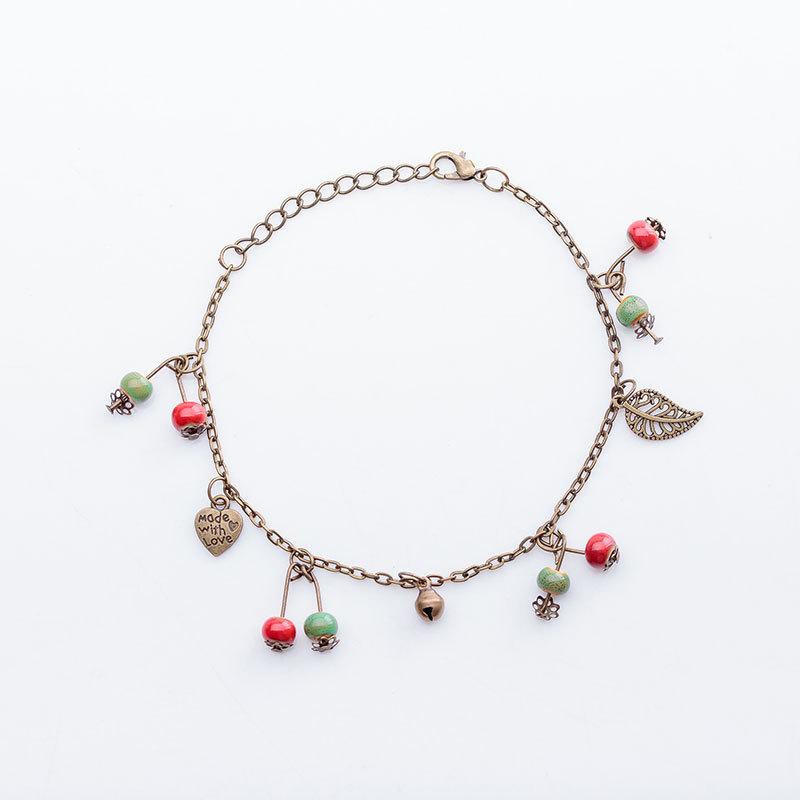 Vintage Böhmische Süße Kleine Frische Kupferblatt Glocke Fußkettchen Farbe Keramik Damen Accessoires