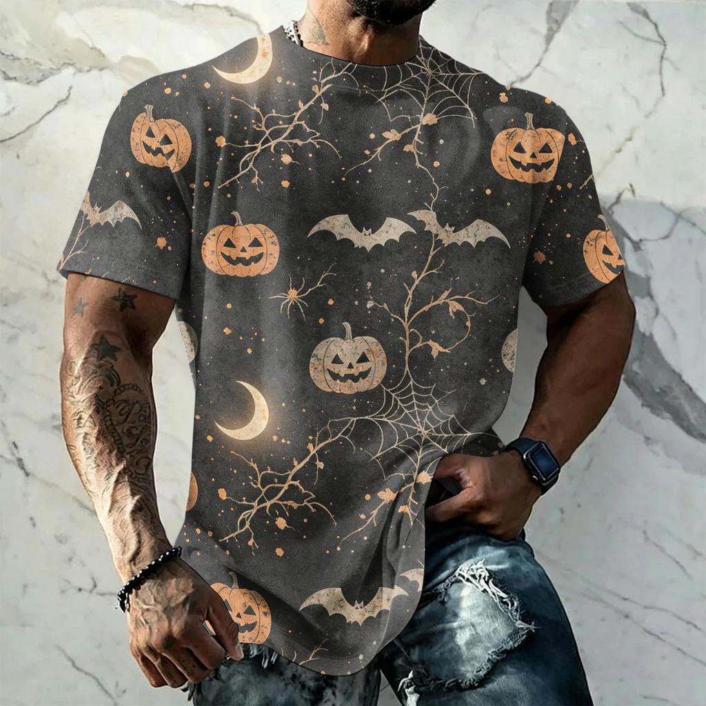 Men's Halloween Vintage Short Sleeve T Shirt Loose Fit Breathable Summer Sports Streetwear Casual Everyday Top with Pumpkin and Bat Print