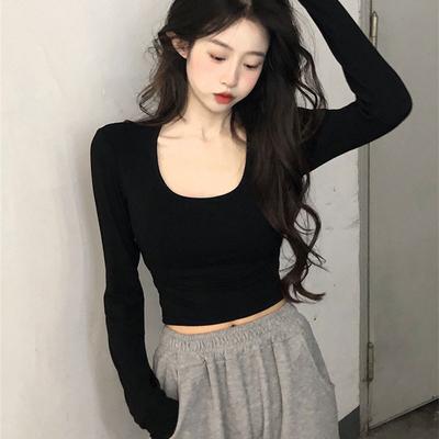Long Sleeve Solid Color U Neck Women Bare Midriff Crop Top