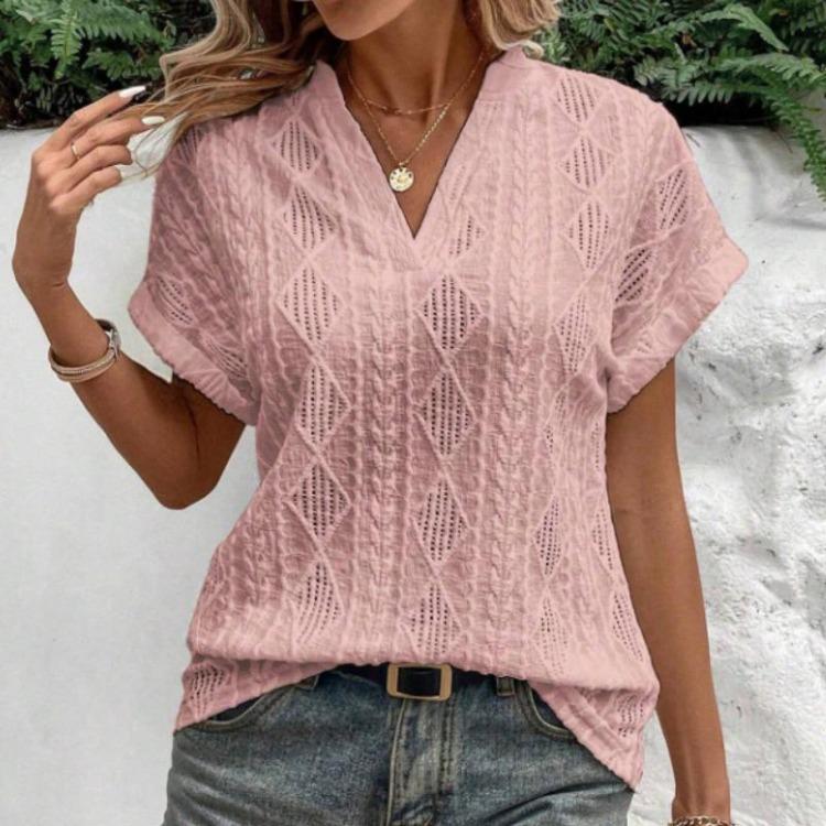 New Women's V-neck Loose Casual Summer Short Sleeved Hollow Jacquard Shirt