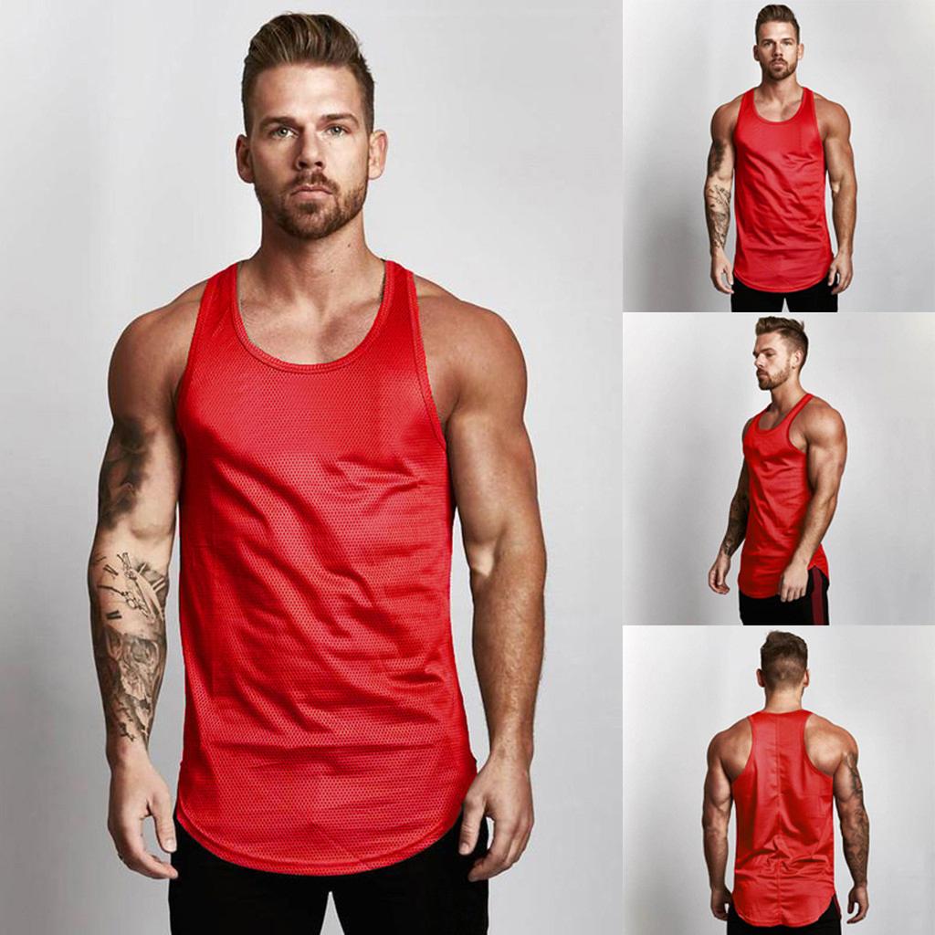Pánské jednobarevné tílko bez rukávů s kulatým výstřihem a síťovinou, prodyšné vesty