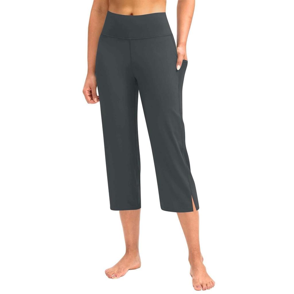 Kvinner Elastisk Høy Midje 3/4 Bukse Casual Aktiv Passform Vide Capri Leggings Bukser Bukser Med Lommer
