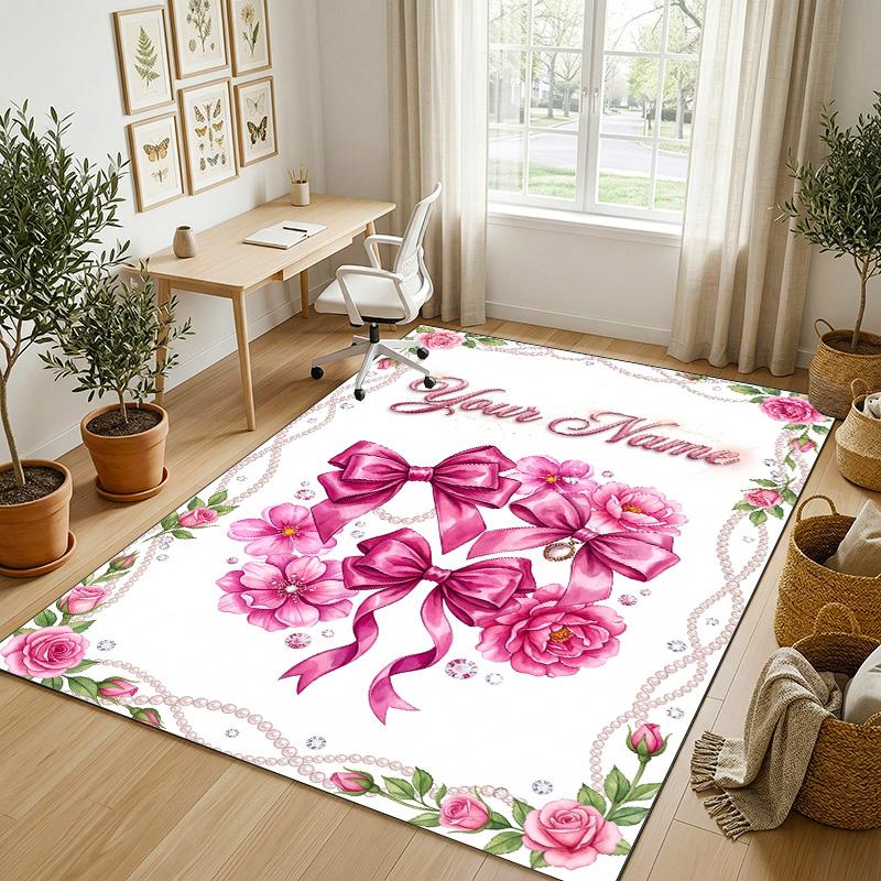 Floral Garden Theme Crystal Velvet Rug Personalized Custom Name Text Soft Floor Mat Home Decor