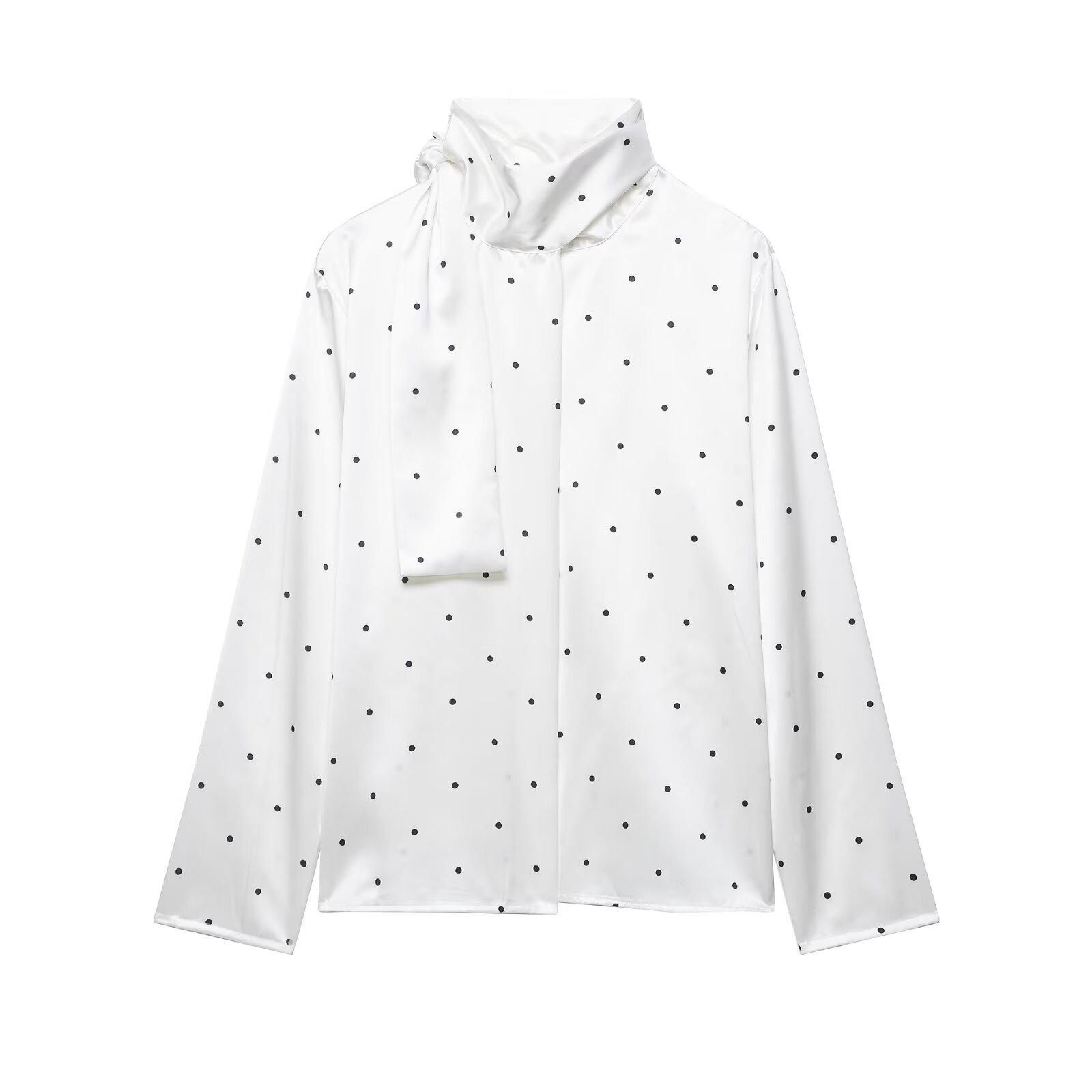 

Autumn/Winter 2025 Women s Polka Dot Satin Blouse with Tie Neck - European/American Style Large білий