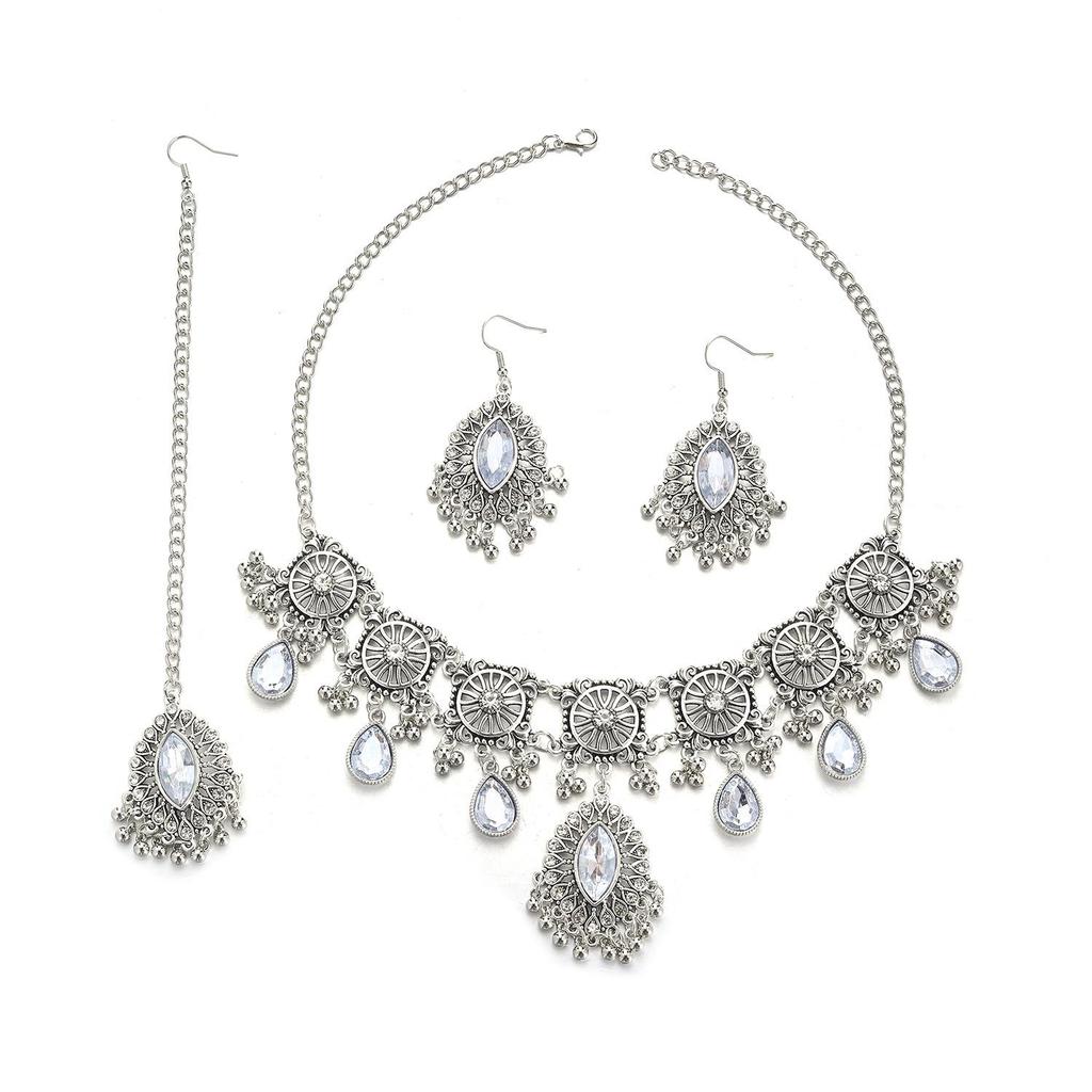 Exotisches Strass-Augen-Quasten-Schmuckset: Halskette, Ohrringe, Stirnanhänger