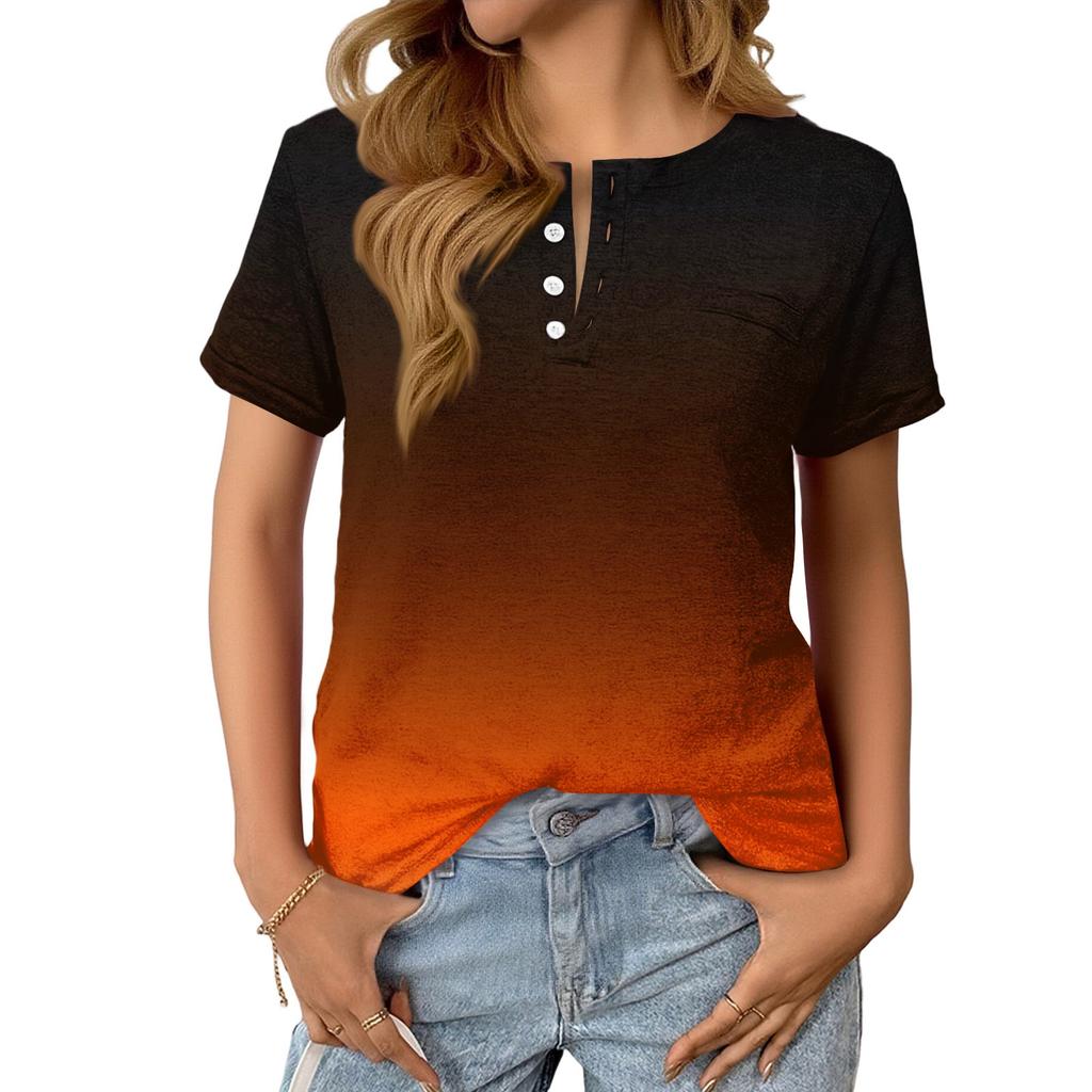 Women's Fashionable Casual Summer Gradient V-neck Button Short-sleeved Top