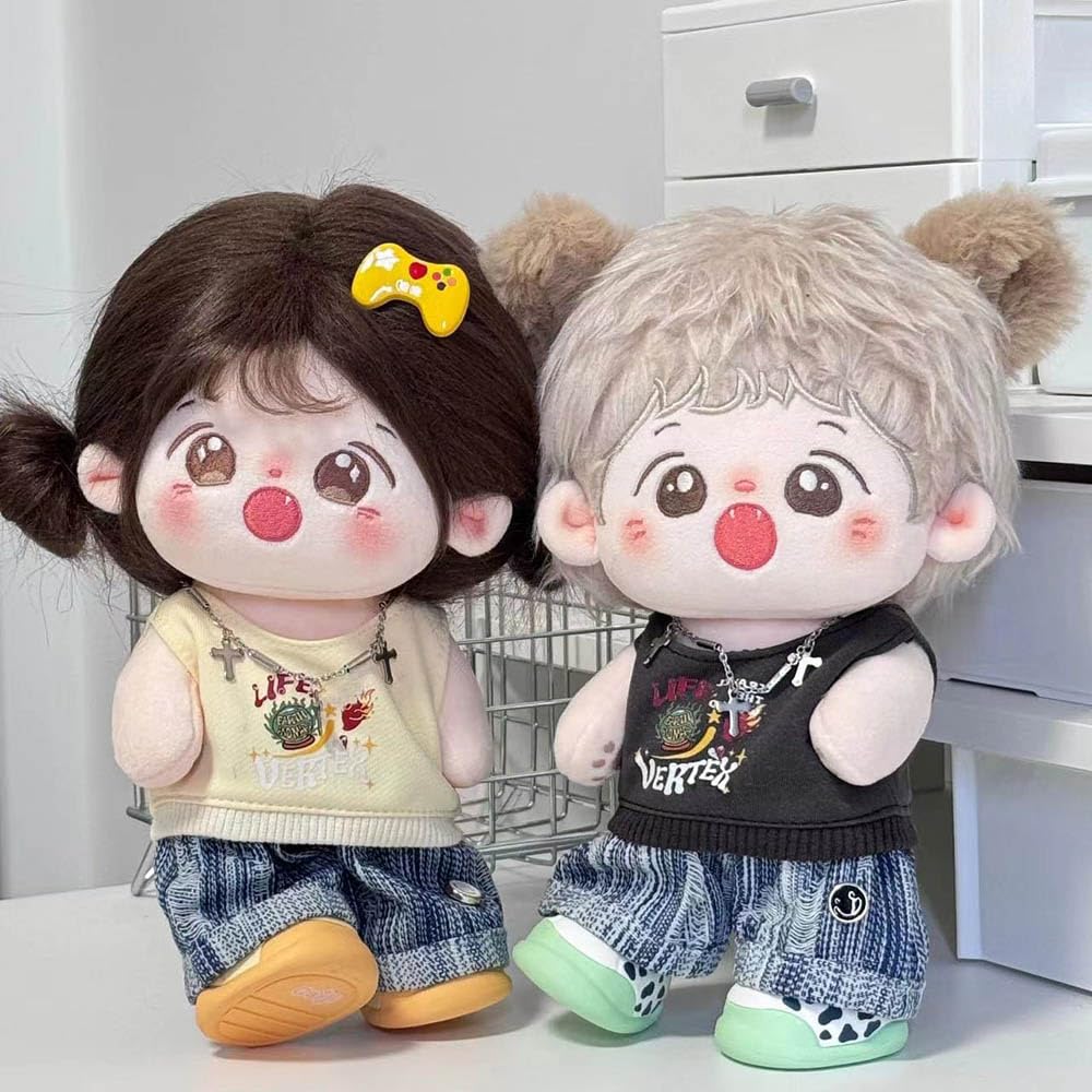 Niannyyhouse 20cm Plush Doll with Costume, Vest, Pants, and Jeans Set (Beige)