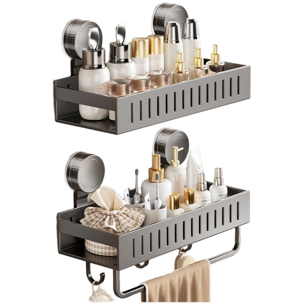 Multi Tier Suction Cup Shower Shelf with Hooks and Towel Rack for Efficient Bathroom Storage Rust Resistant Finish