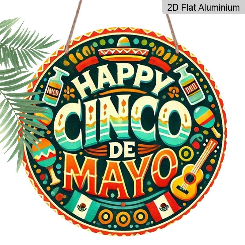 

2D Flat, 1pc Round Aluminum Sign, Happy Cinco de Mayo Fiesta Decor, Colorful Mexican Sombrero Maraca Guitar Design, Metal Wall Art, Ideal for Party 1pc