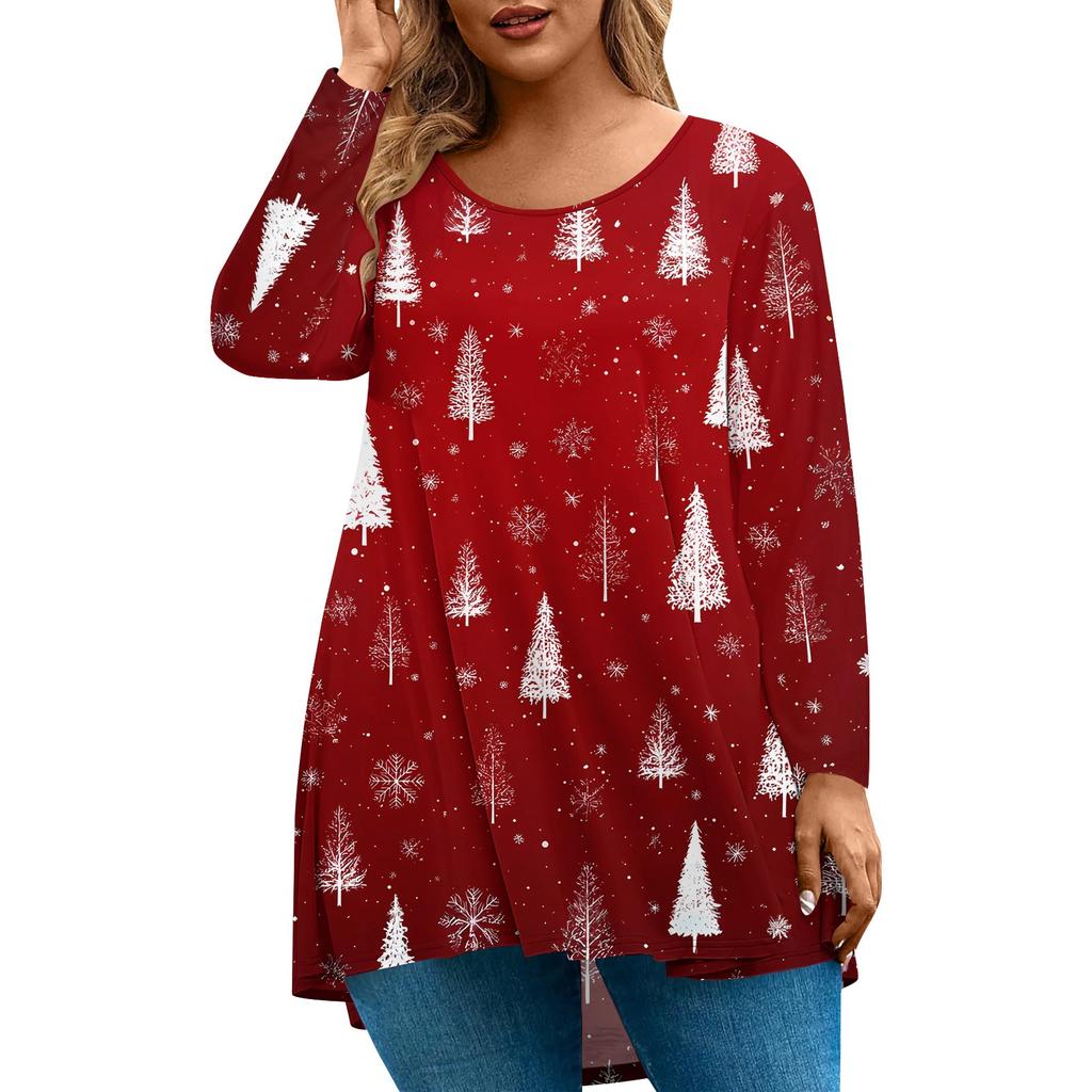 Dame Mote Stor Størrelse Rund Hals Langermet Casual Juleprint Løs Pullovertopp