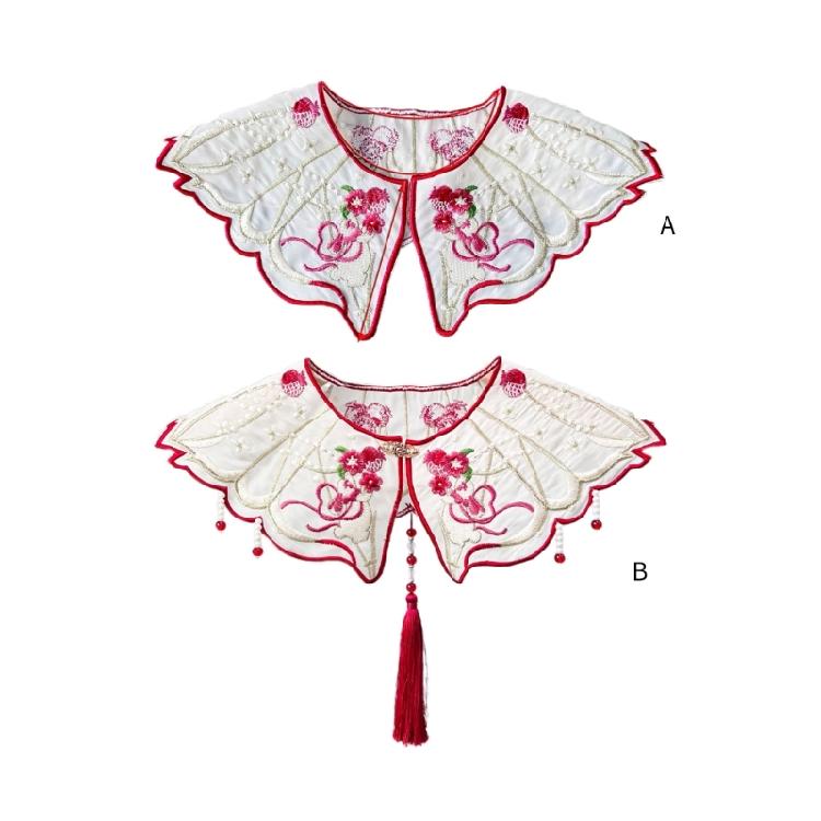 Chinesische Perlenquasten Falscher Kragen Vintage Stickerei Hase Blume Schal Schal