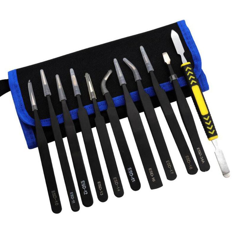 Промышленные пинцеты Антистатические ESD Нержавеющая сталь Прецизионные пинцеты Изогнутые Прямые Ремонт Обслуживание Пайка Инструменты для рукоделия 11pcs