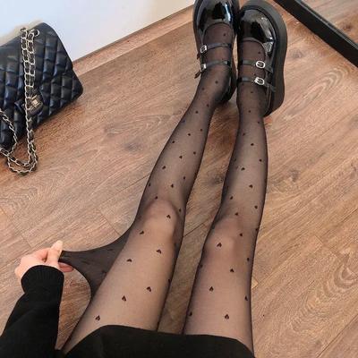 Women Sexy Tights Classic Small Polka Dot Heart Pattern Silk Stockings Thin Vintage Faux Tattoo Thigh Pantyhose Elastic Hosiery