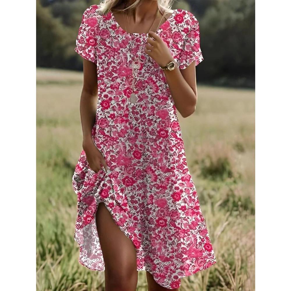 Abiti casual da donna con stampa floreale, manica corta, girocollo, per estate e primavera