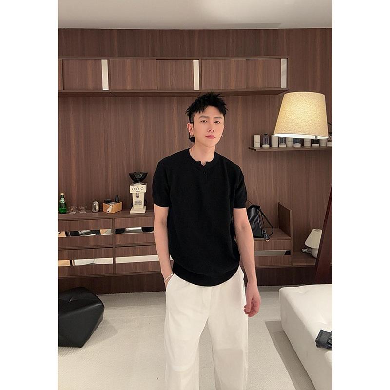 High-End Men s Korean Style Pineapple Pattern Henley Knit V-Neck Short Sleeve T-Shirt M чёрный