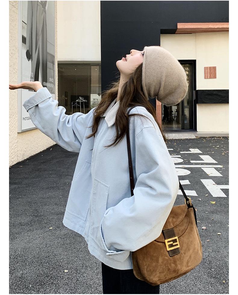 Vintage Contrast Corduroy Lapel Short Coat, 2025 Korean Style, Youthful Small Size Jacket