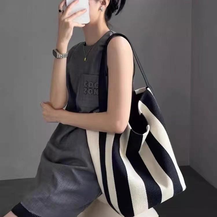 Striped Canvas Bag, Bucket Bag, Women'S Large-Capacity Niche Bag, Shoulder Large Bag, Women'S Bag, Tote Bag.