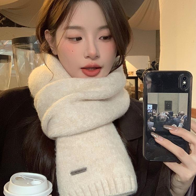Korean Version Containing Wool Knitted Wool Solid Color Scarf for Women in Winter Thickened and Warm Versatile High End Cold Proof Scarf Trendy