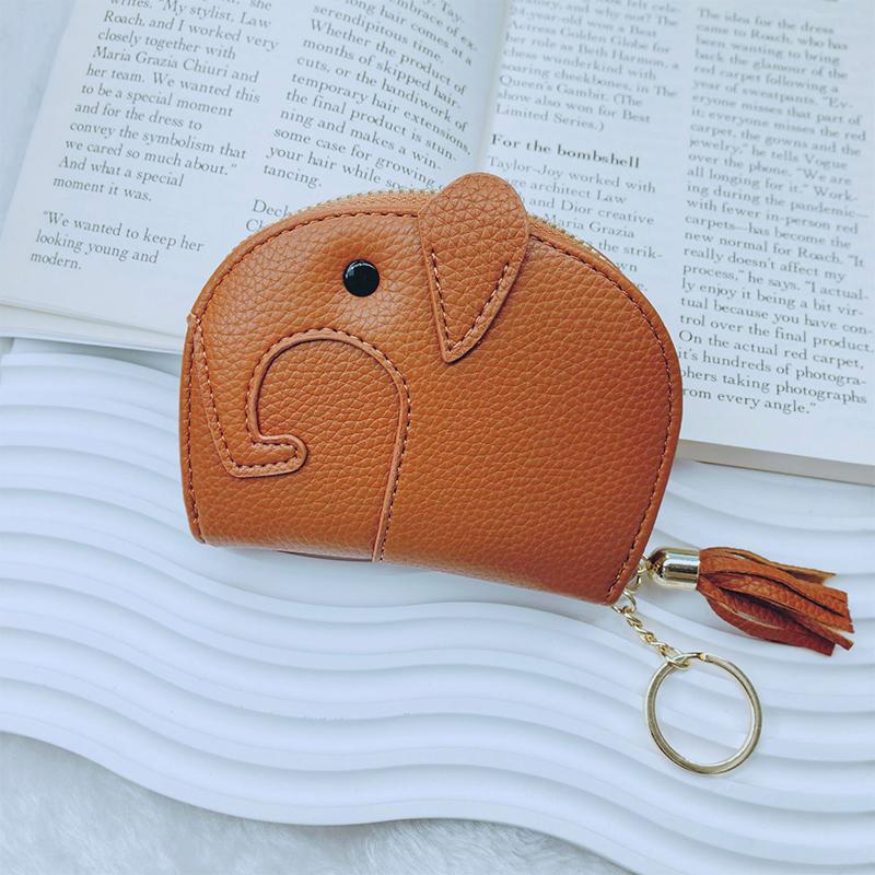 

Pu Leather Lichee Pattern Cartoon Elephant Head Change Card Bag Money Bag Women Coin Purse Key Ring Zipper Storage Bags коричневий