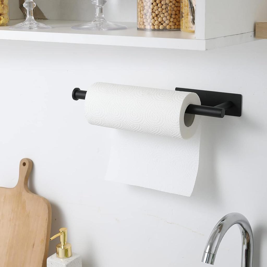 Theaoo Paper Towel Holder - Under Cabinet Paper Towel Holder for Kitchen, Adhesive Paper Towel Roll Rack for Bathroom Towel, Wall Mounted Matte Black