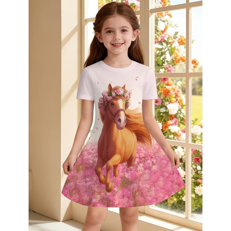 Children's Clothing Girl Cute Funny Animal Horse 3D Printed Graphic Summer Dresses Comfortable Crew Neck