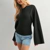 Women's Solid Color Round Neck Long Sleeve Top: European/American Style, Wide Sleeves, Cinched Waist