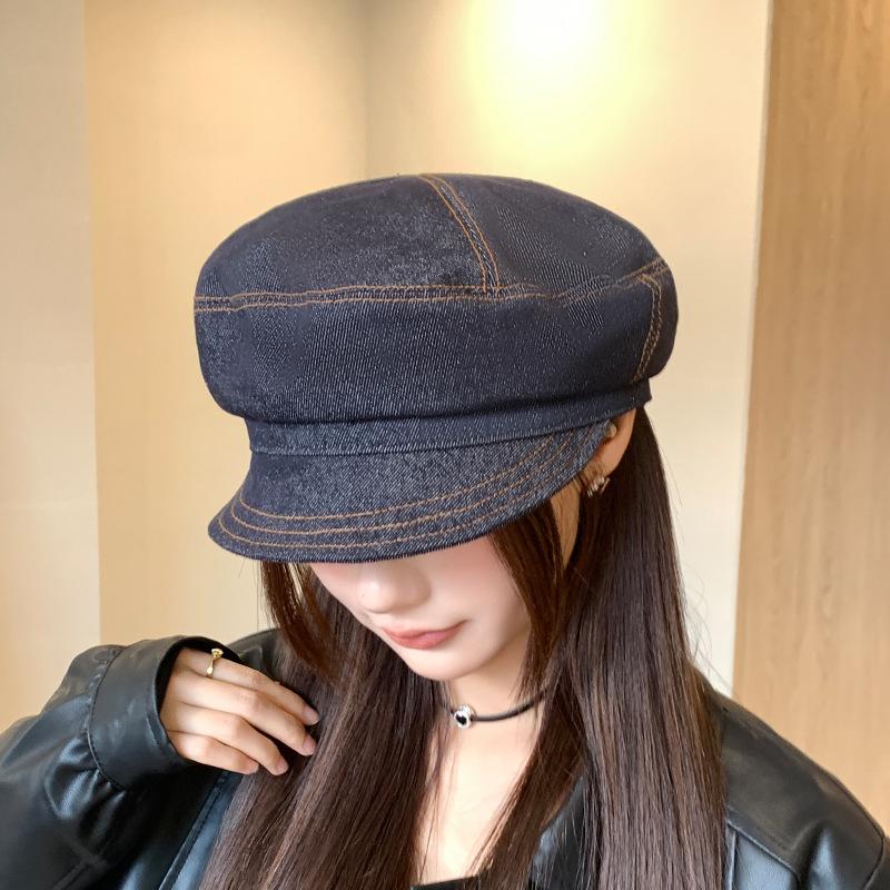British Retro Denim Flat Top Hat  Casual and Versatile Light Plate Peaked Hat  Sun Visor  Small Newsboy Painter Hat