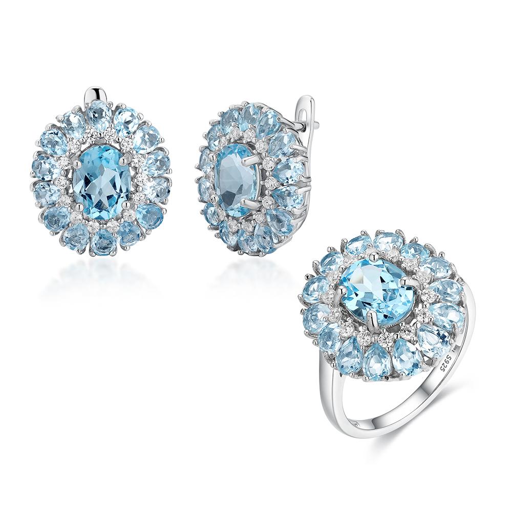 

Срібло 925 проби, натуральний блакитний камінь топаз, вишуканий дизайн, кільце, сережки, набір ювелірних виробів, жіночі нові літні вишукані прикраси US RING SIZE:10# синій