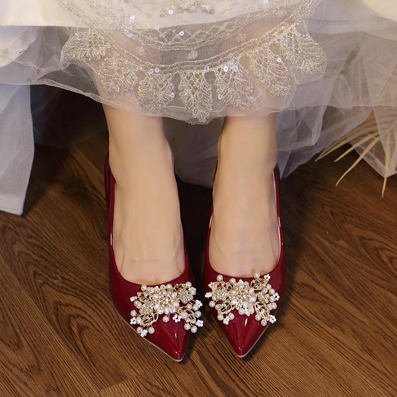 Fashion Wedding Shoes Women's 2025 Main Wedding Dress High Heels Burgundy Xiuhe Bridal Shoes Mid Heel Single Shoes