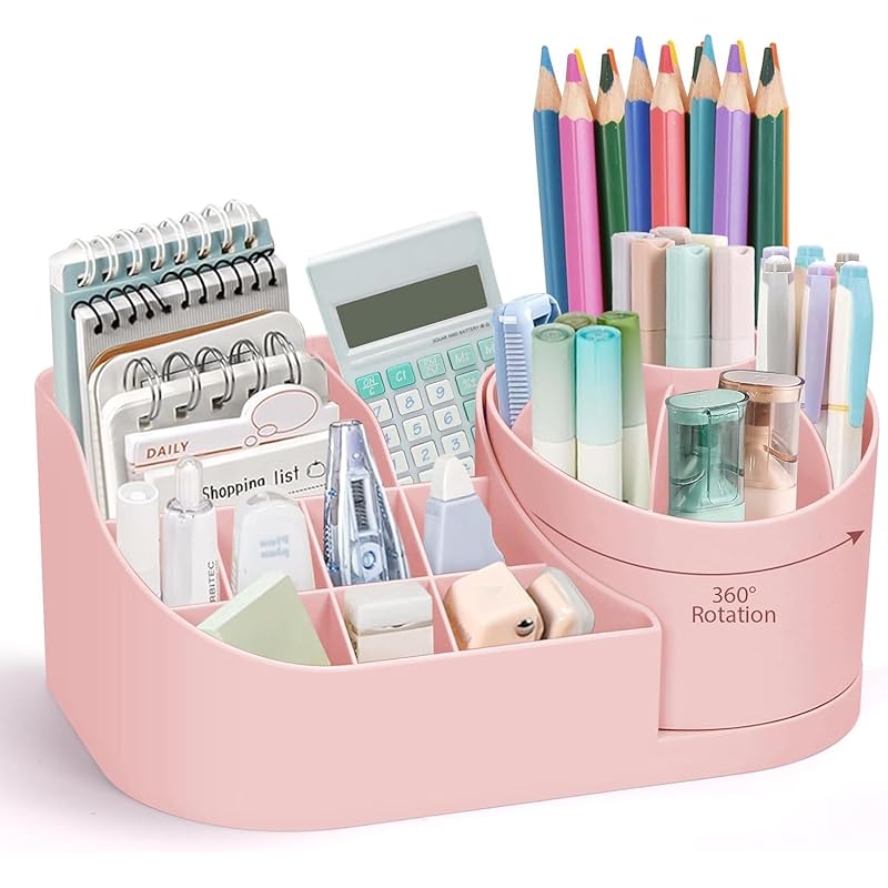 Ucravo 360 Degree Rotating Desk Organizer, Cute Pink Makeup Brush Holder, Stationery Organizer, Desktop Pencil Pen Cup P