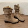 Soft Leather Version~ Western Pleated Short Boots Women'S Stacking Boots Retro British Style Small Inner Height Increase Short Martin Boots