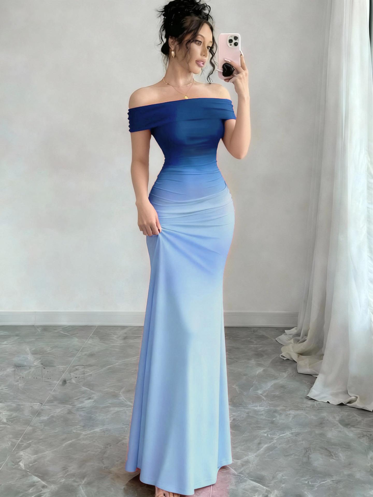 Women s Clothing Fashion Short Sleeves Gradual Change One-word Collar Hip Skirt Long Dress L