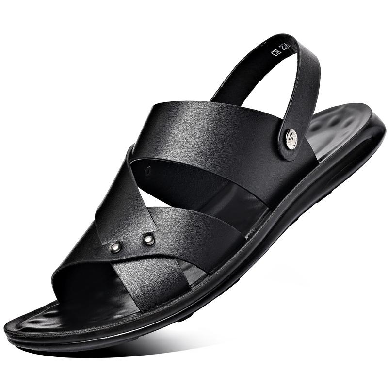 

Летние сандалии для мужчин, мягкие повседневные спортивные тапочки из кожи, нескользящие, дышащие, римские туфли, пляжные шлепанцы, садовая обувь 44 чёрный