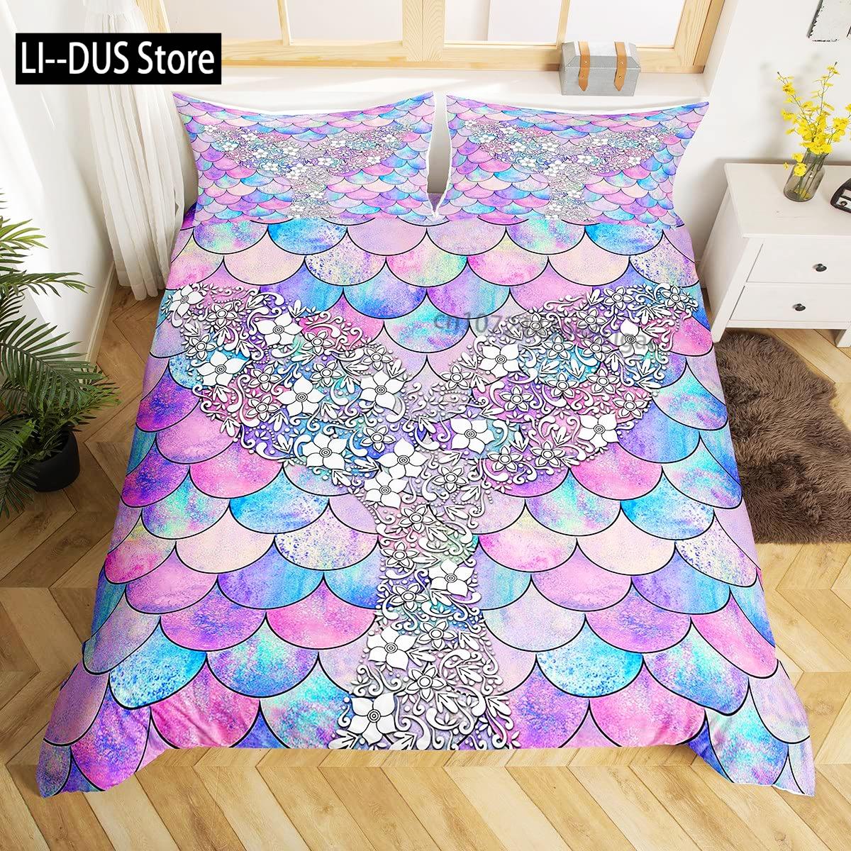

Girls Mermaid Comforter Set Twin Size Fish Scale Bedding Set 3Pcs Bedroom Decor Quilt Cover With 2 Pillowcase Twin Full Size AU Single(140*210cm)3pcs