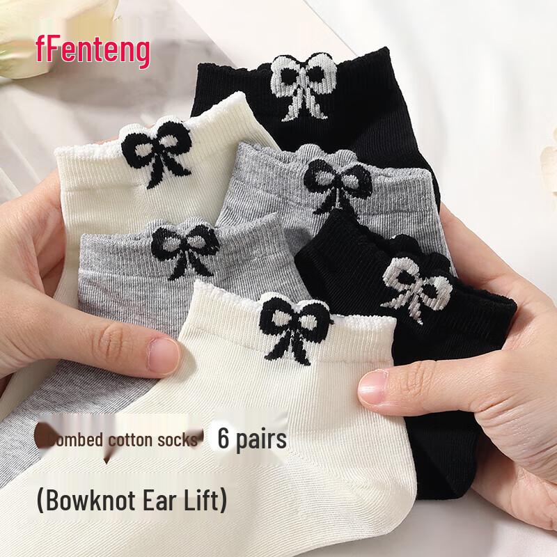 Fenteng Women s Soft Cotton Bow Short Socks (6-Pack) One Size