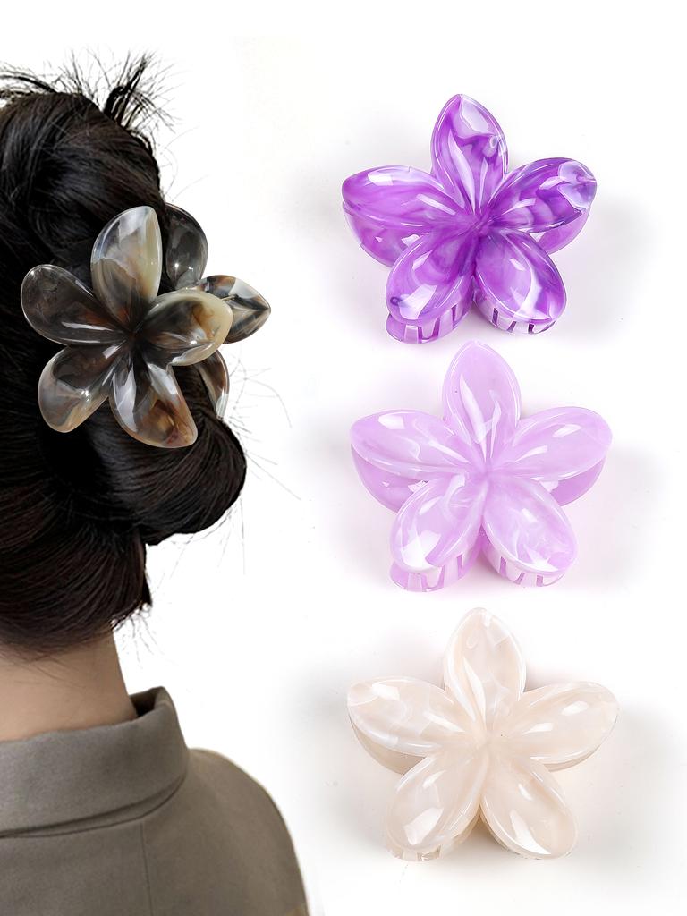 3 Pcs Hawaiian Flower Hair Claw Clips for Thick Hair,Non Slip Marble Vein Plumeria Flower Hair Pins for Women Beach Vacation