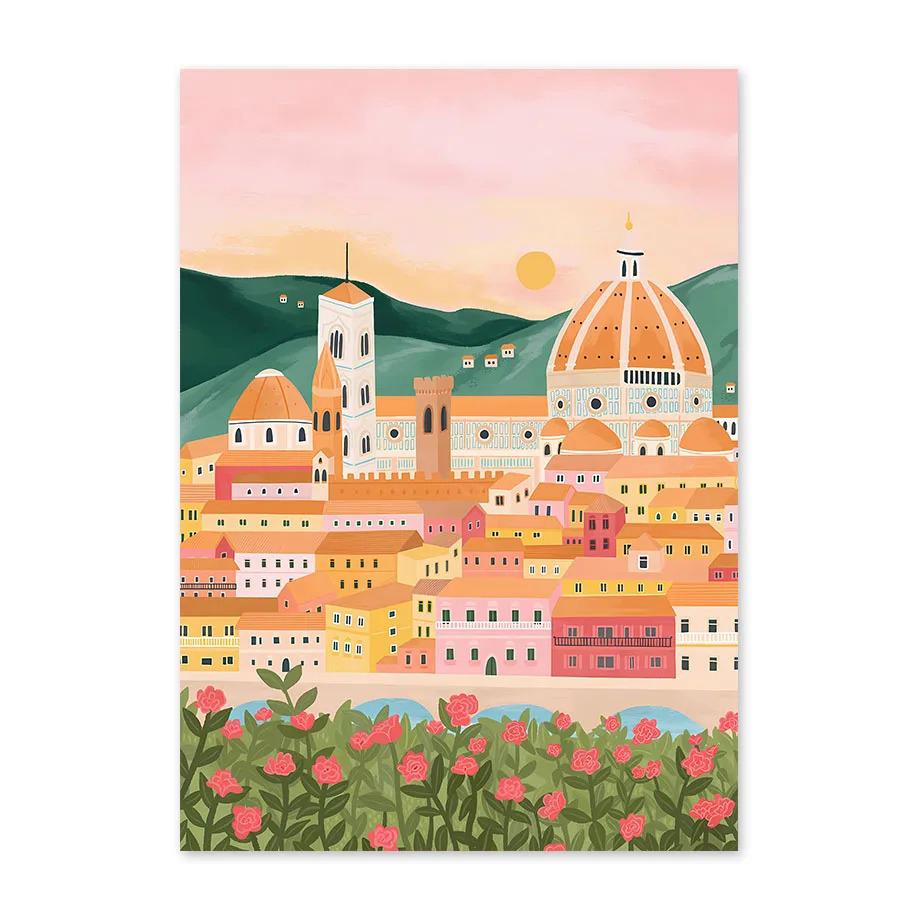 Santorini Lemon Coffee Flowers Abstract Landscape Posters and Prints Wall Art Canvas Painting Pictures For Living Room Home Deco