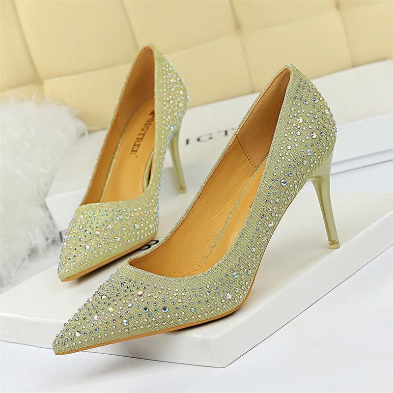 Fashion Shallow Mouth Pointed Color Rhinestone Pumps Fashion Wedding Party Women Sweet Pump Stiletto Thin High Heel Single Shoes