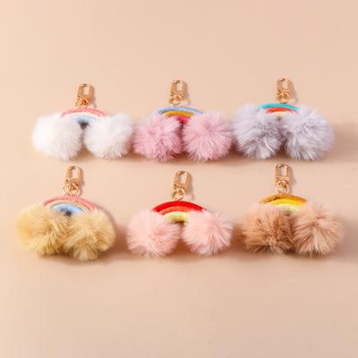 Cute Hand Knitted Rainbow Keychain Soft Fluffy Ball Key Ring Pendants for Women Girls Handbag Decor DIY Handmade Jewelry Gift