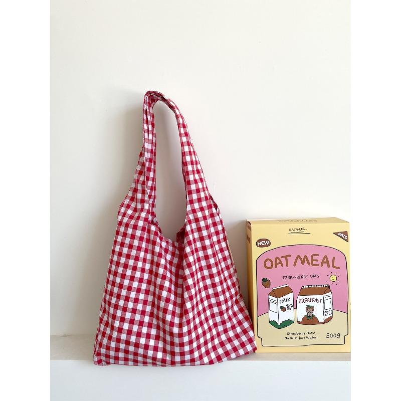 Vintage plaid vest bag large capacity shoulder bag lightweight shopping bag versatile canvas bag schoolgirl