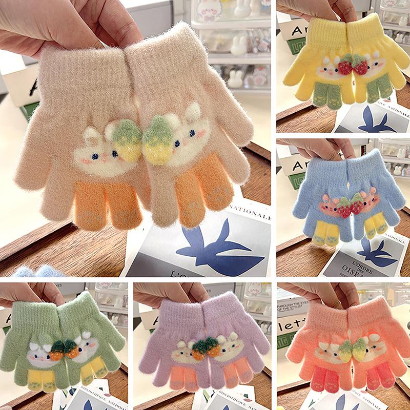 1Pair Cute Cartoon Kids Plush Knitted Gloves Winter Outdoor Warm Thickened Windproof Gloves For 1-5 Years Old Full Finger Gloves